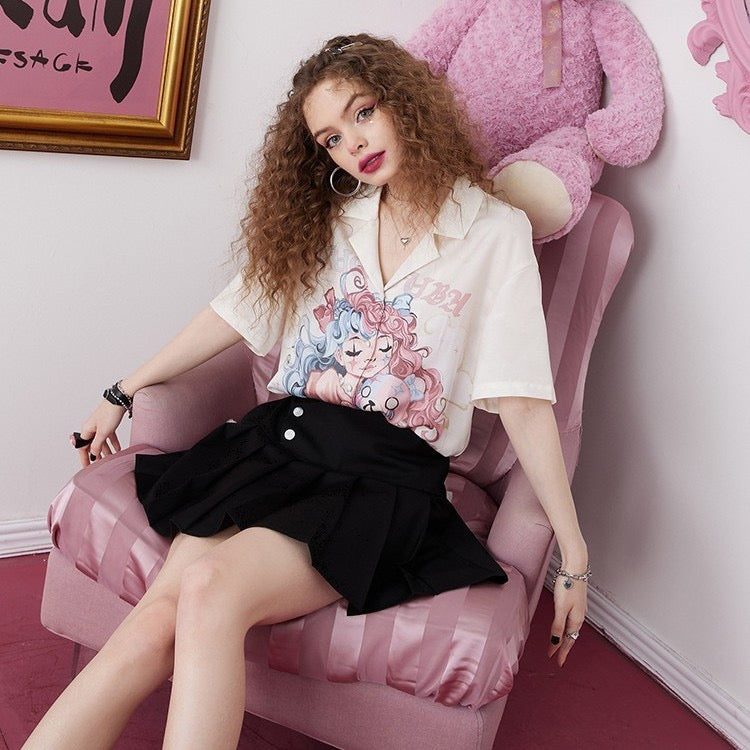 Pink monster V-neck shirt,ice silk designed short sleeve