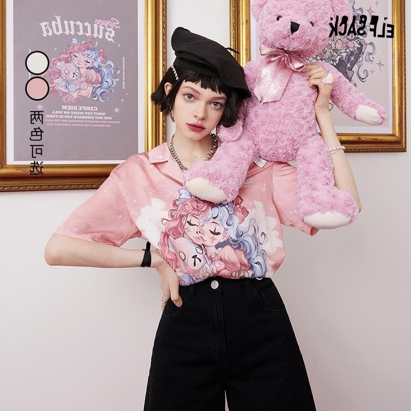 Pink monster V-neck shirt,ice silk designed short sleeve