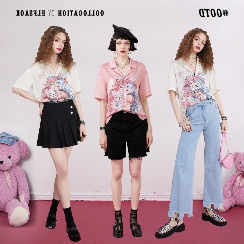 Pink monster V-neck shirt,ice silk designed short sleeve